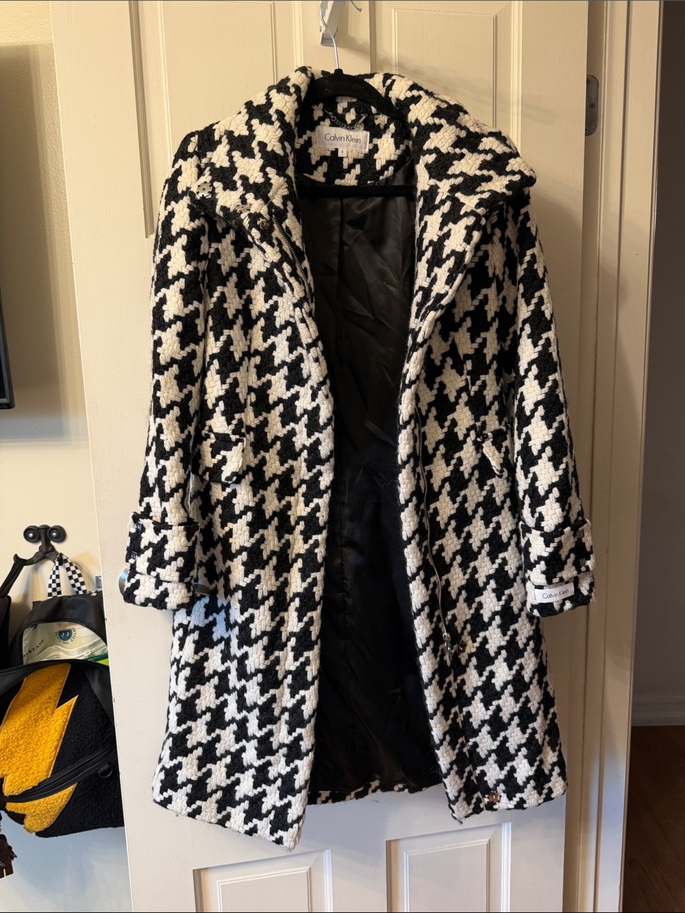 Calvin Klein Black and White Houndstooth Pea Coat